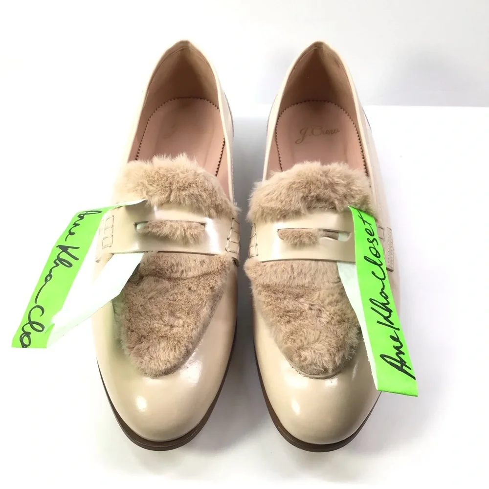J. Crew academy leather faux fur loafer style k2691 cream almond color women 8